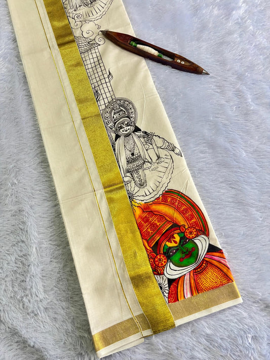 Kerala Cotton  Mural Handpainted Mens Mundu/ Dhoti