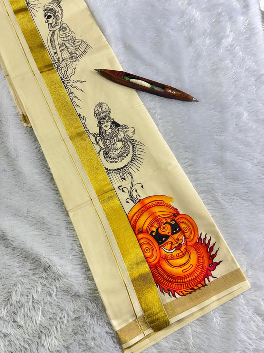 Kerala Cotton  Mural Handpainted Mens Mundu/ Dhoti