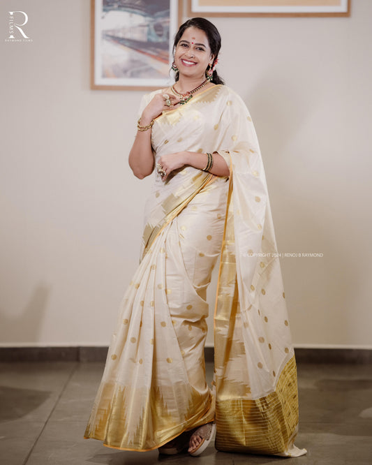 Ready to wear Kerala handloom replica polka dot saree with temple border
