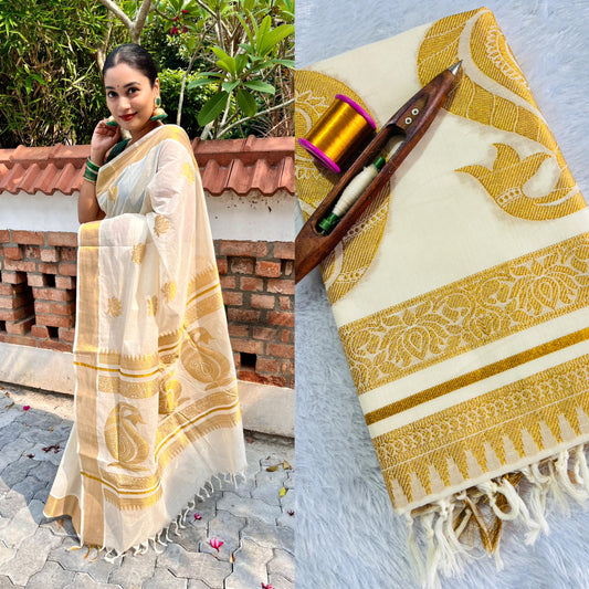 Ready to wear Kerala Cotton saree with lotus motifs with stitched blouse.