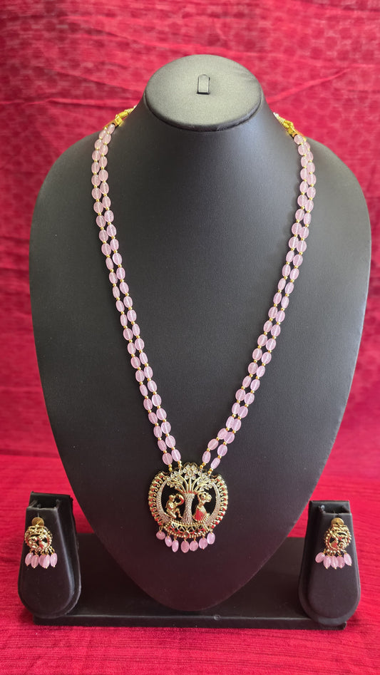 Long Rose Quartz Beaded Haaram with Figurine Pendant & Earrings