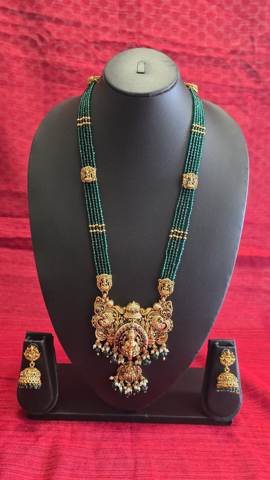 Long Emerald Green Beaded Haaram with Lakshmi Pendant & Jhumka Earrings