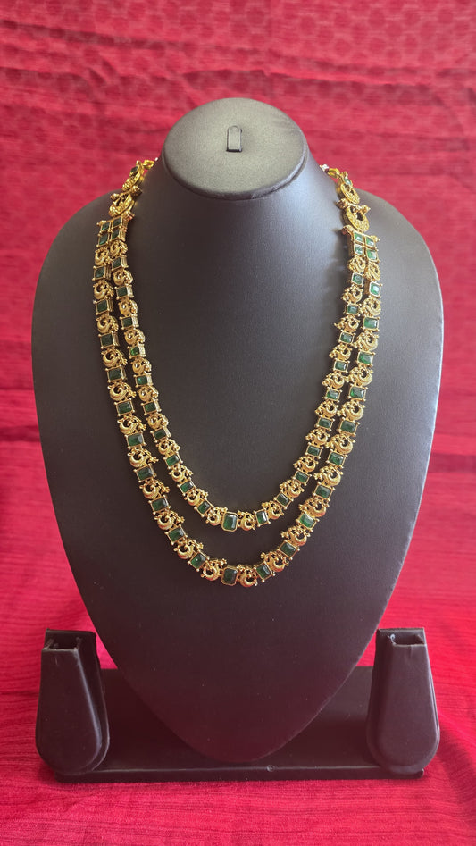 Long Double Strand Emerald Green & Antique Gold Temple Haaram