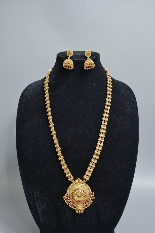 Gold Finish Temple Haaram Necklace Set with Jhumka Earrings
