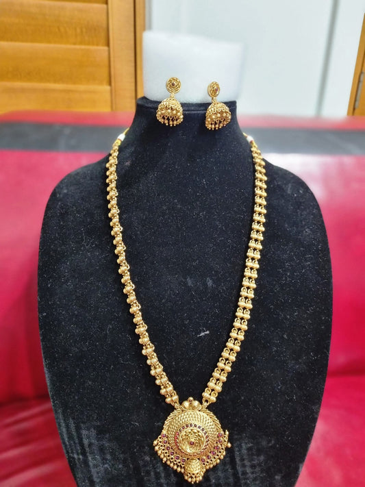 Gold Finish Temple Haaram Necklace Set with Jhumka Earrings