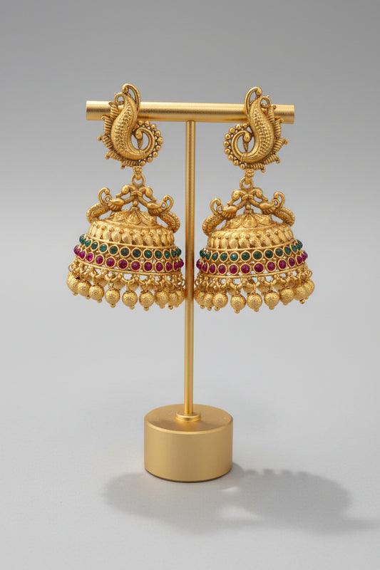 Gold Plated Peacock Jhumka with Ruby & Green Stone