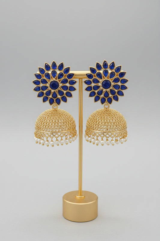 Gold Plated Floral Jhumka with Royal Blue Stones & Pearl Drops