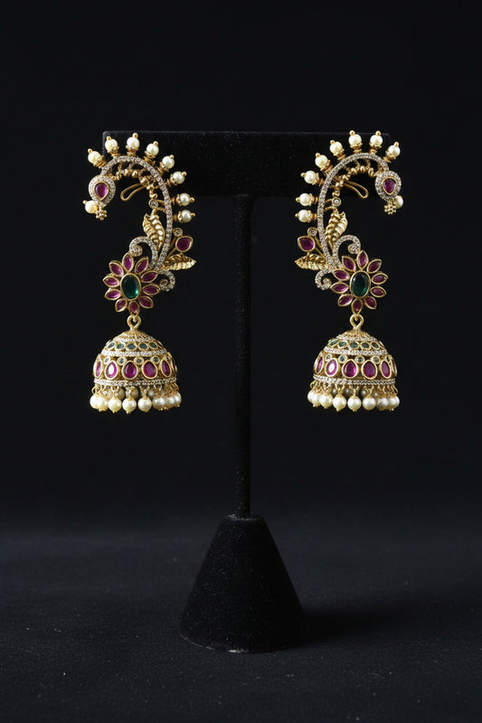 Scrollwork Ear Cuff Kemp Jhumka Earrings – Antique Gold with Ruby, Emerald & Pearl Drops