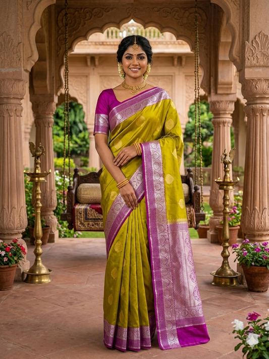 Semi Kanchipuram Silk Saree with Magenta Zari Border & Blouse