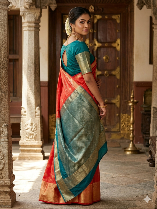 Semi Kanchipuram Silk Saree with Teal Zari Pallu & Blouse