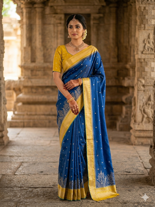 Semi Kanchipuram Silk Saree with Mustard Zari Border & Blouse