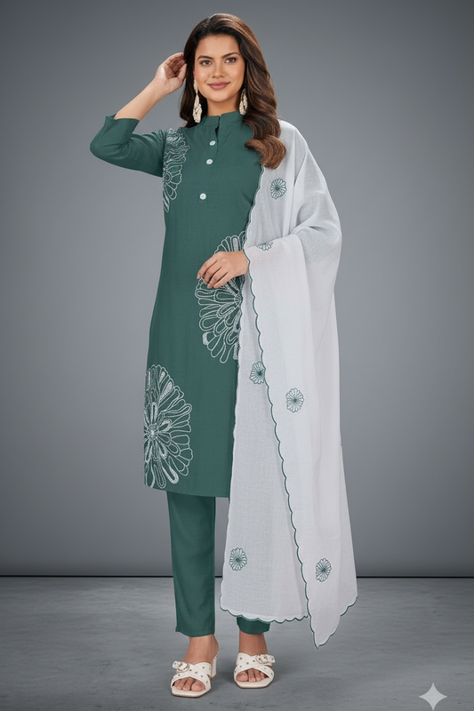 Vatican Silk 3 Piece Set – Embroidered Kurti, Pant & Dupatta