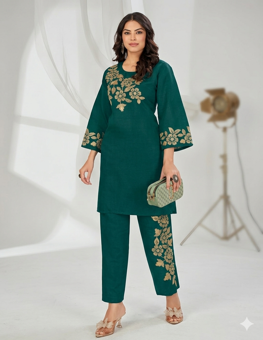 Vatican Kora Silk Co-Ord Set – Embroidered Kurti & Pant