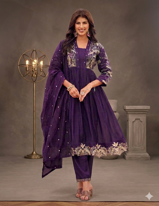Mulchanderi Anarkali 3 Piece Set – Embroidered Kurti, Pant & Dupatta