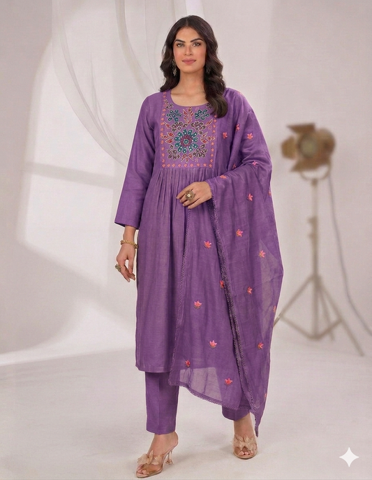 Mulchanderi 3 Piece Set – Embroidered A-Line Top, Pant & Dupatta