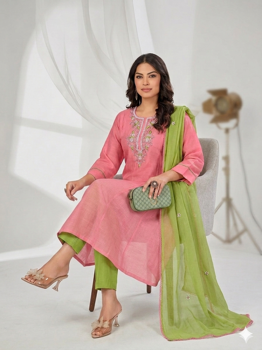 Mulchanderi 3 Piece Set – Embroidered Kurti, Pant & Dupatta in Pink & Green
