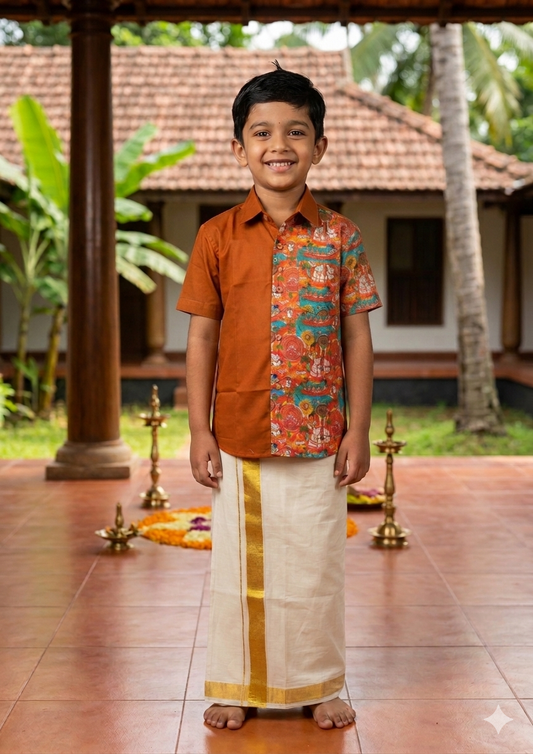 Boys Cotton Half & Half Onam Theme Shirt | Half Sleeve