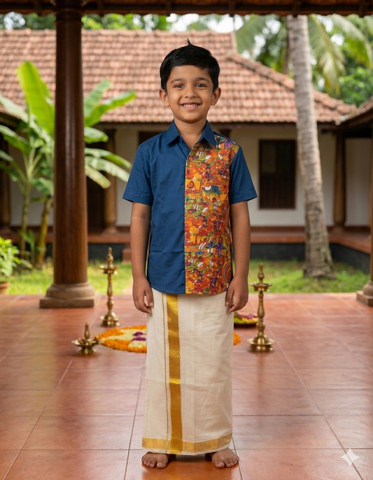 Boys Cotton Half & Half Onam Theme Shirt | Half Sleeve