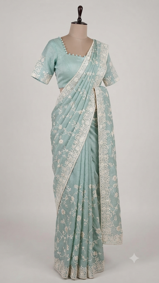 Seafoam Green Pure Organza Saree with Intricate Embroidery & Stitched Blouse