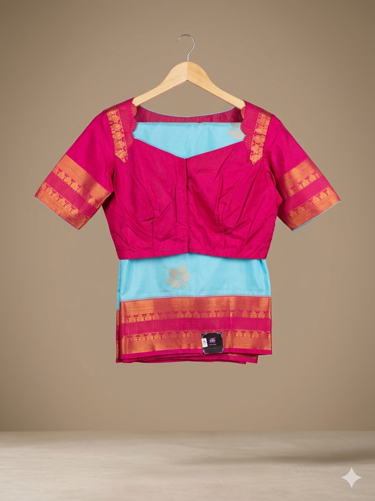 Semi Kanchipuram Silk Saree with Stitched Blouse – Green & Magenta / Blue & Magenta
