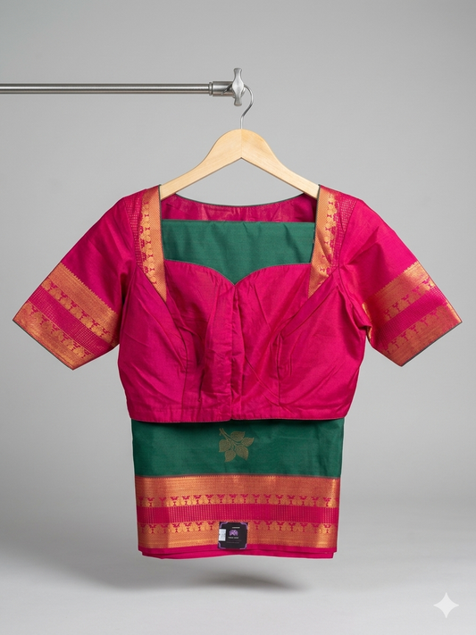 Semi Kanchipuram Silk Saree with Stitched Blouse – Green & Magenta / Blue & Magenta