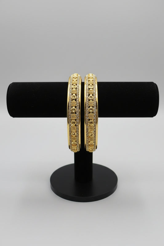 Gold CZ Geometric Broad Bangles – Set of 2