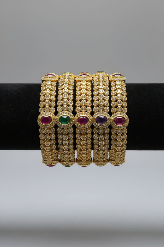 Gold CZ Stone Broad Bangles – Set of 2