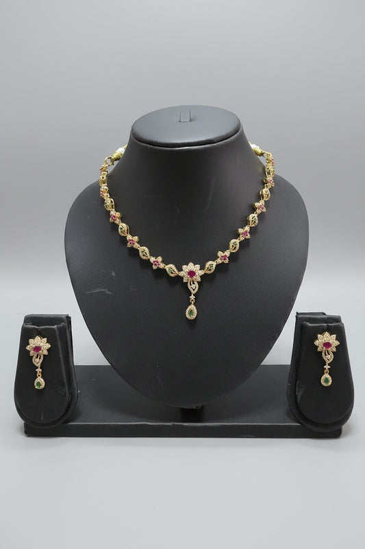 AD Twisted Vine Necklace & Earring Set with Ruby, Emerald & Pink Stones