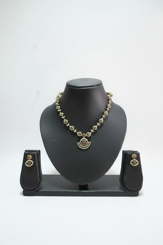 AD Rosebud Chain Necklace & Earring Set with Fan Temple Pendant