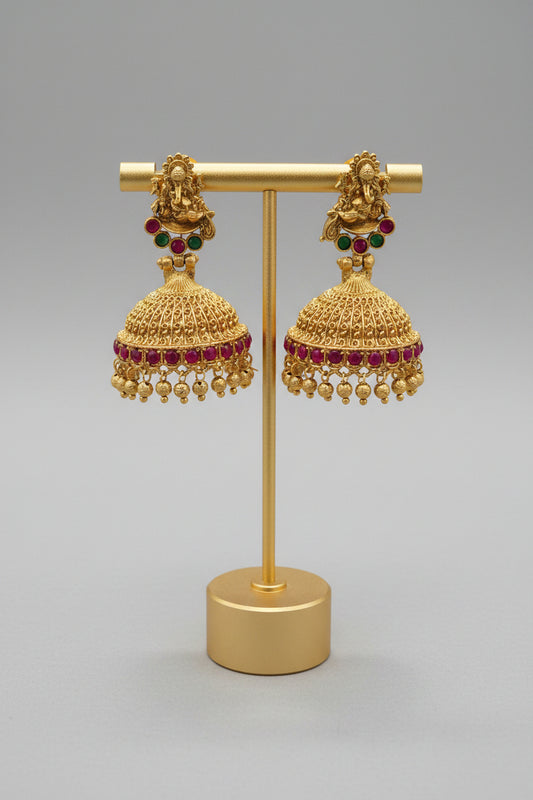 Antique Gold Ganesha Temple Jhumka with Ruby & Emerald Stones