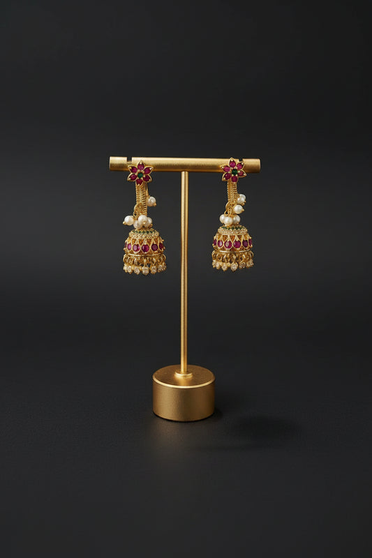 Ruby Floral Chain Drop Jhumka Earrings – Antique Gold with Pearl Drops