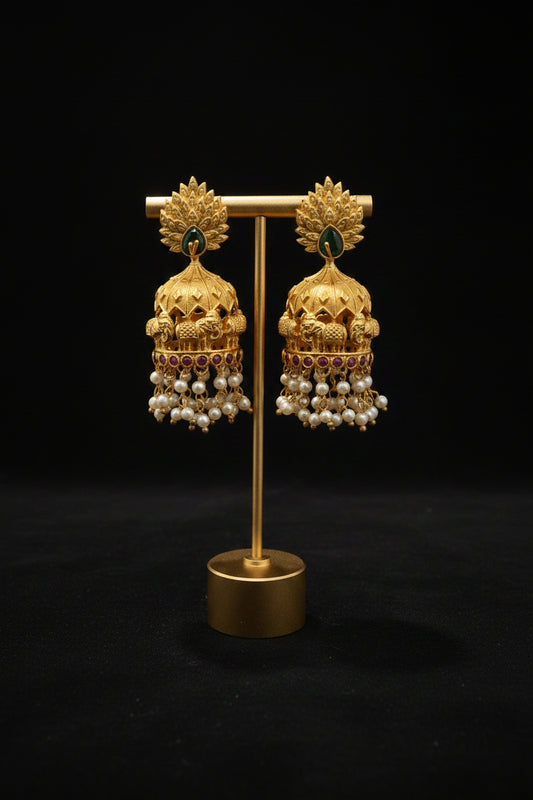 Peacock Feather Elephant Temple Jhumka Earrings – Antique Gold with Pearl Drops