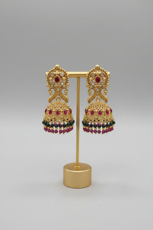 Polki Filigree Jhumka Earrings – Gold with Ruby & Emerald Bead Drops