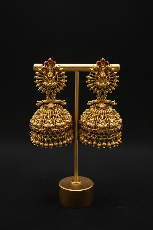 Lakshmi Surya Halo Temple Jhumka Earrings – Antique Gold with Kemp & Gold Drops