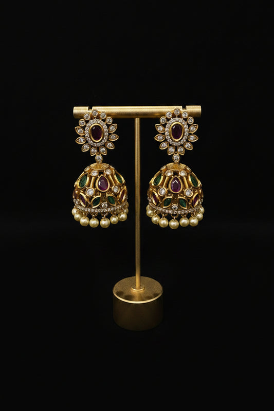 CZ Floral Polki Jhumka Earrings – Gold with Ruby, Emerald & Pearl Drops