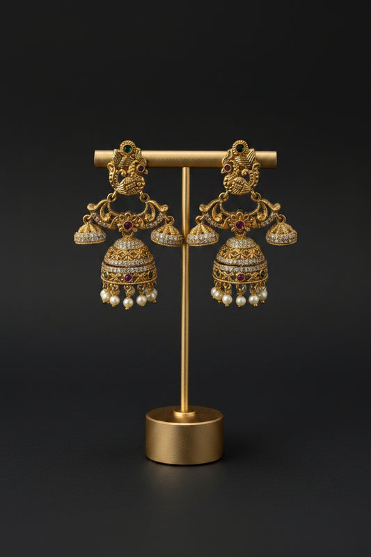 Peacock Double Drop Jhumka Earrings – Antique Gold with Kemp & CZ