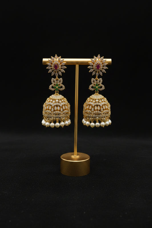 CZ Floral Drop Jhumka Earrings – Gold with Ruby, Emerald & Pearl Drops