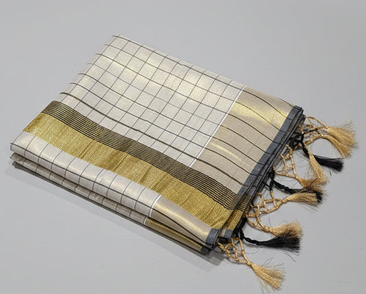 Kerala Tissue Saree 1 inch check pattern with ready to wear blouse
