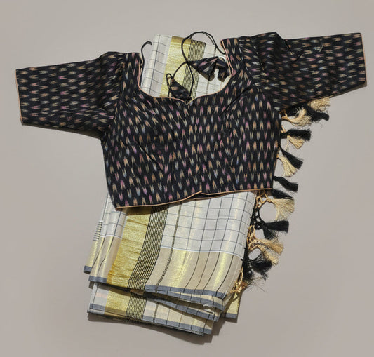 Kerala Tissue Saree 1 inch check pattern with ready to wear blouse