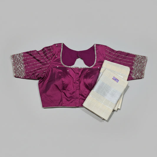Kerala cotton check setmundu with ready wear blouse.