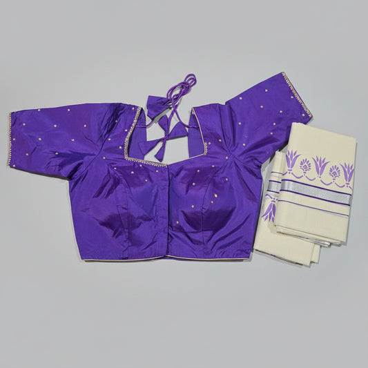 Kerala Cotton Silver Zari Set mundus with ready to wear stitched blouse.