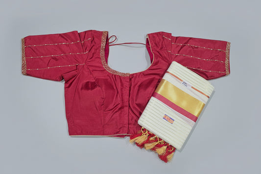 Kerala cotton Half fine zari set mundu with ready to wear hand embroidered blouse
