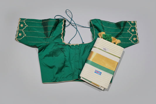 Kerala cotton Half fine zari set mundu with ready to wear hand embroidered blouse