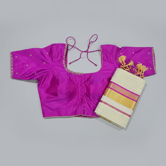 Kerala cotton Half fine zari set mundu with ready to wear hand embroidered blouse