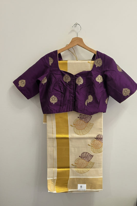 Kerala Tissue Saree with Leaf Machine Embroidery & Ready to Wear Semi Raw Silk Blouse