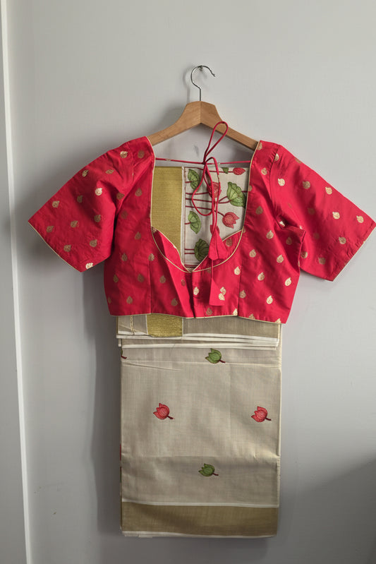 Kerala Tissue Saree with Red Lotus Embroidery & Ready to Wear Semi Raw Silk Blouse