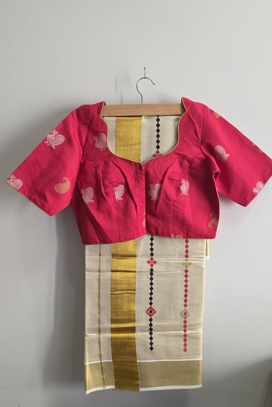 Kerala Tissue Saree with Diamond Chain Motifs & Ready to Wear Semi Raw Silk Blouse