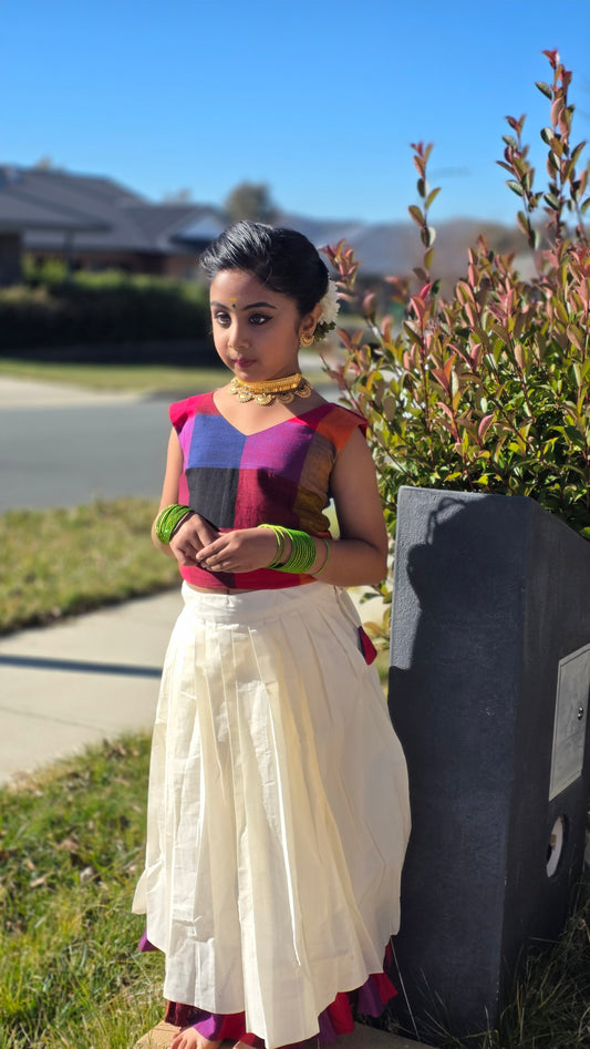Girls Multicolour Madras Kattan Top & Off White Kora Cotton Frill Skirt Set