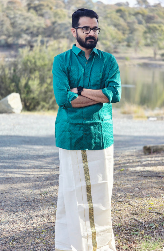 Emerald Green Self-Printed Cotton Full Sleeve Shirt with Kerala Off-White Double Dhoti Set