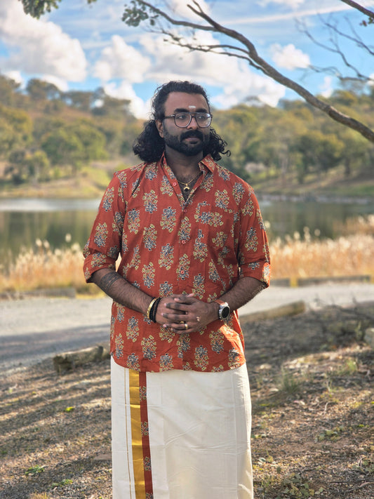 Rust Orange Floral Printed Rayon Full Sleeve Shirt with Kerala Double Dhoti Set